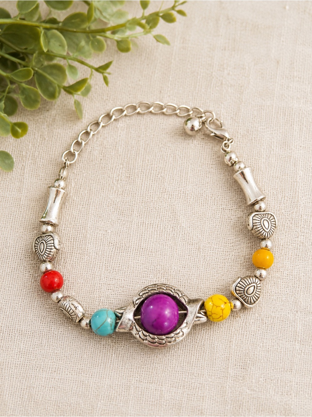 Boho Multicolor Beaded Bracelet Silver Tone Turquoise Purple Yellow Red